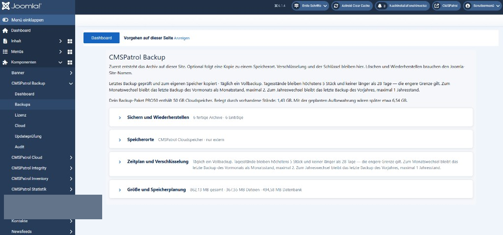 Backup-Dashboard: Cloudspeicher, Zeitplan und Speicherplanung auf der Website.