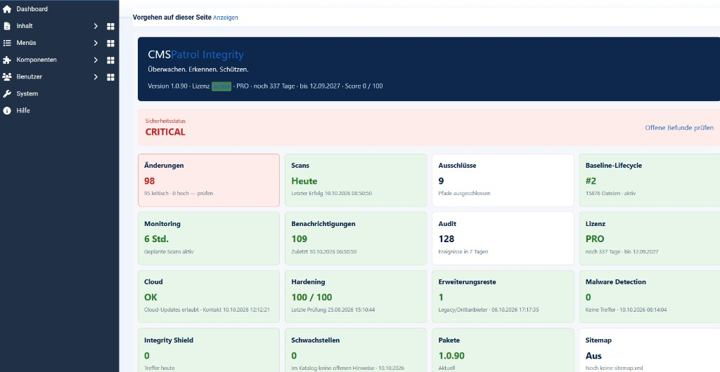 Integrity-Dashboard mit Sicherheitsstatus, Änderungen, Scans, Cloud und Shield.