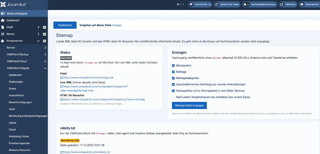 Lokale Sitemap in Integrity: XML für Crawler und HTML-Seite für Besucher.