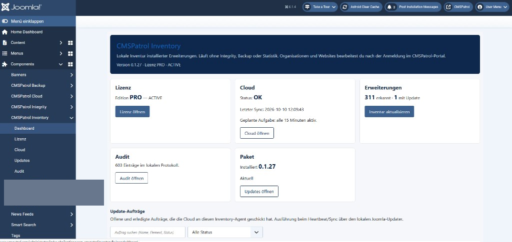 Inventory-Dashboard auf der Website: lokale Erweiterungen, Cloud-Status und Audit.