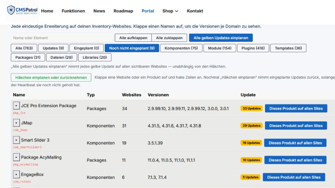 Inventory im Portal: Erweiterungen, Versionen und Updates über mehrere Websites.