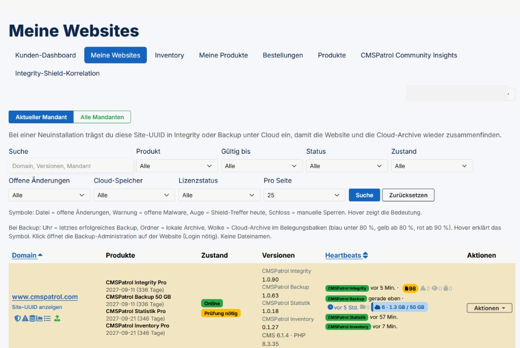 Portal „Meine Websites“: Status, Produkte und Heartbeats mehrerer Sites.