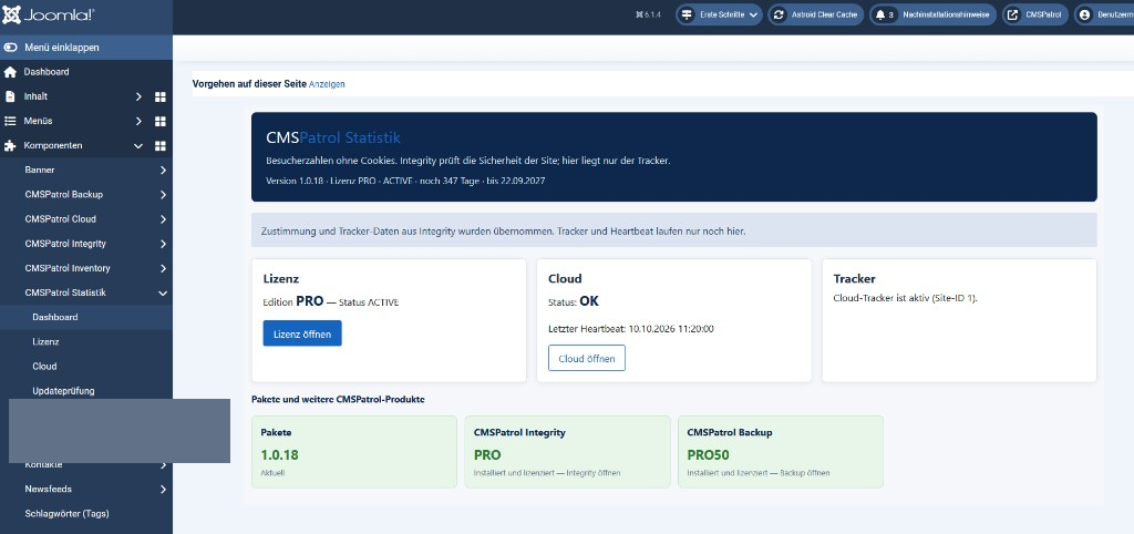 Statistik-Dashboard: Lizenz, Cloud und Tracker ohne Cookies.